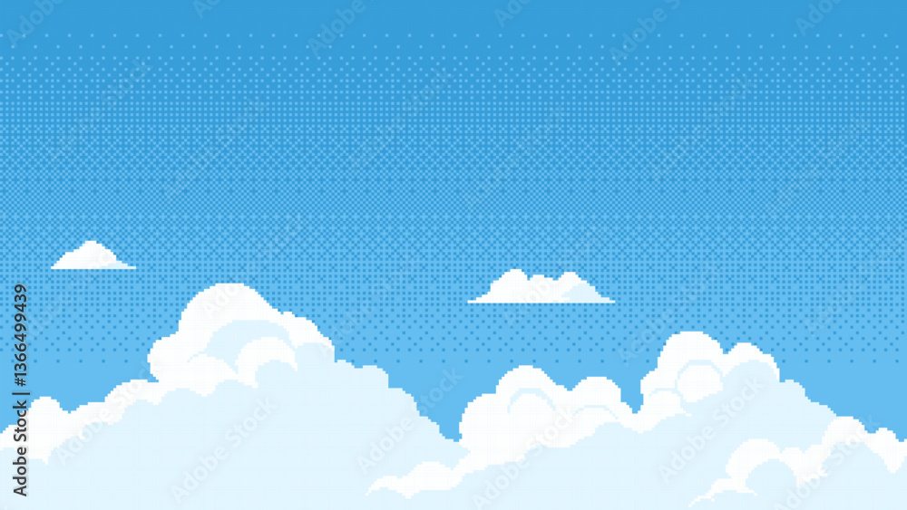 Poster 8-bit pixel art sky with clouds. 2D video game level background. blue sky. vector illustration. landscape, scroll arcade video game. pixelated 90s style. vector graphics.