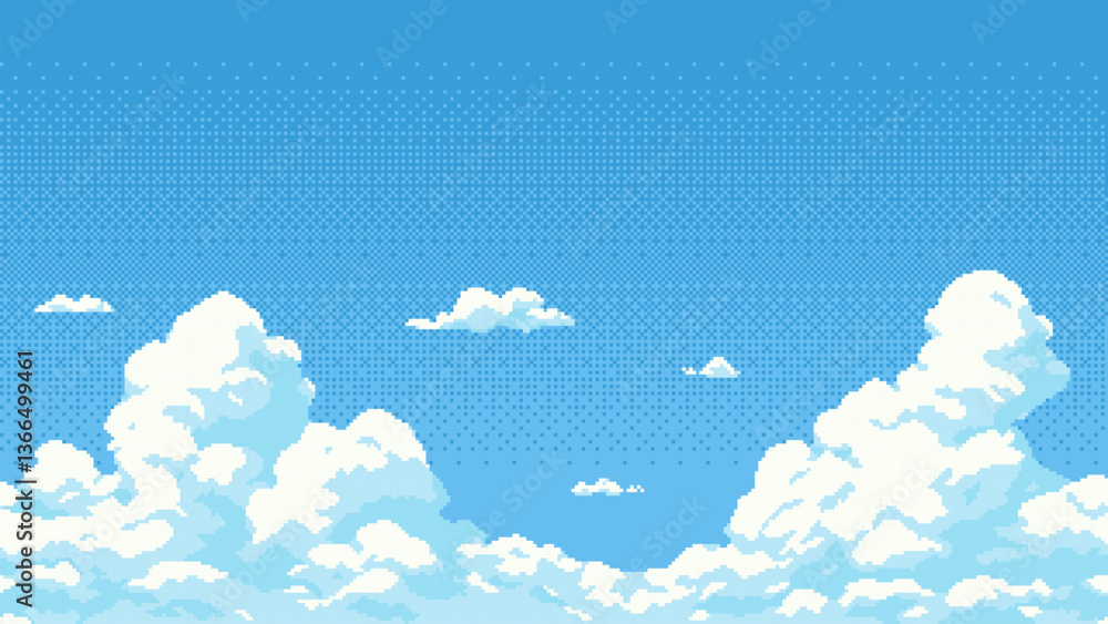 Poster 8-bit pixel art sky with clouds. 2D video game level background. blue sky. vector illustration. landscape, scroll arcade video game. pixelated 90s style. vector graphics.