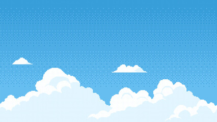 8-bit pixel art sky with clouds. 2D video game level background. blue sky. vector illustration. landscape, scroll arcade video game. pixelated 90s style. vector graphics. © hiten666