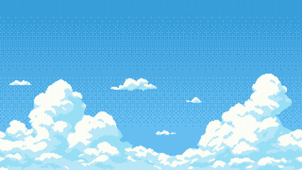 8-bit pixel art sky with clouds. 2D video game level background. blue sky. vector illustration. landscape, scroll arcade video game. pixelated 90s style. vector graphics.
