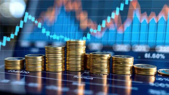 Gold coins are stacked in ascending order on a financial chart. The chart features a noticeable upward trend, indicating positive market moves, symbolizing growth in investments