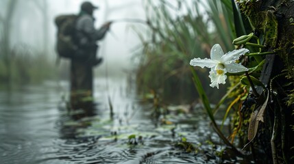 Ghost Orchid Elusive Endangered Beauty of Wetlands Illustrate rare Ghost Orchid Dendrophylax lindenii delicately hanging moss covered tree humid misty swamp glowing softly dim morning light