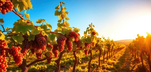 Golden hour sunlight bathes rows of plump, ripe grapes hanging heavy on vines in a picturesque vineyard, vineyard, autumn, foliage