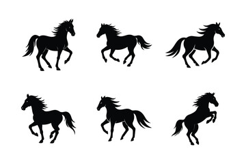 Fototapeta premium A set of six Mustang horse vector silhouette designs. Simple collection. Isolated bundle on white background.