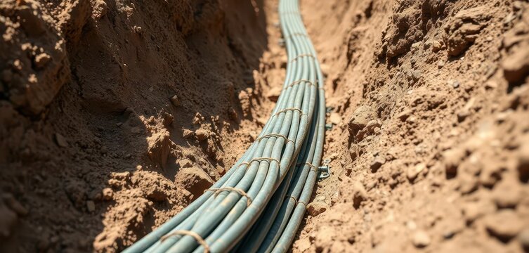 High voltage cable installation in excavated trench, earth, energy