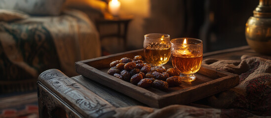 Dried dates and drinks on a wooden tray.