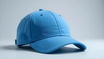 Fototapeta premium A studio shot of a light blue baseball cap, presented against a plain light-gray background.