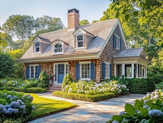  Cape Cod house with cedar shingles, blue shutters, dormers, white trim, pitched roof and hydrangeas, golden light highlights cozy coastal charm