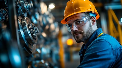 Engineer inspecting machinery hardhat safety goggles industrial setting dramatic lighting dynamic pose