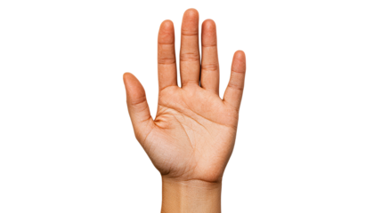 Human hand with open palm and five fingers, isolated on black background, cut out transparent
