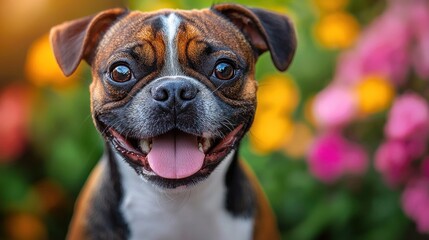 Happy dog in a garden setting