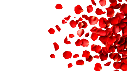 Red rose petals adorn black background, creating romantic overlay , cut out transparent