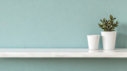 Minimalist shelf with potted plant, light teal wall, interior design