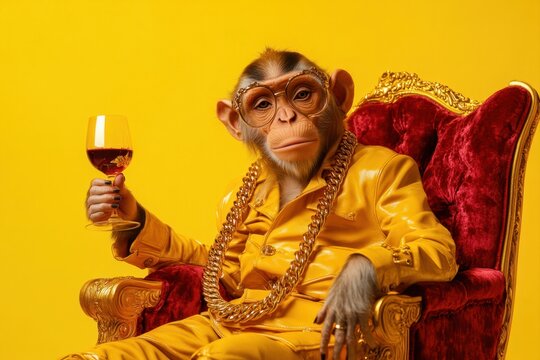 Rich monkey drinking wine sitting on golden throne wearing yellow suit and gold chain