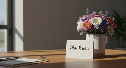 Beautiful bouquet of colorful flowers in a pot with a thank you note on a wooden desk conveying gratitude and appreciation, soft sunlight filtering through a window in a calm office setting