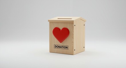 Wooden donation box with a heart symbol conveying generosity and kindness in a minimalistic design against a neutral background