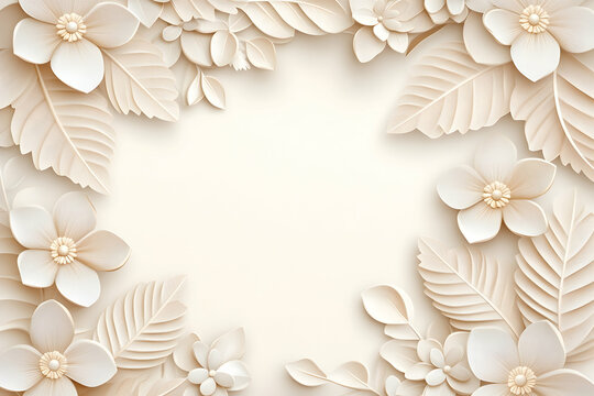 Elegant off-white floral frame with paper flowers and leaves on cream background