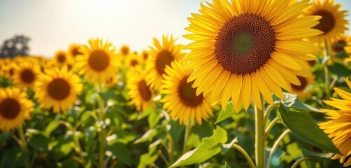 Vibrant yellow sunflower field background, summer sun, harvest, botanical, macro
