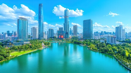 Obraz premium Stunning Cityscape: Modern Towers Reflecting on a Serene Lake