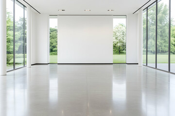 Empty, modern room with large windows and polished floor, showcasing a blank wall