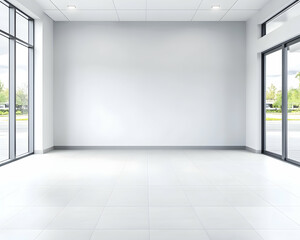 Obraz premium Empty modern room with large windows and white walls, ideal for retail or office space