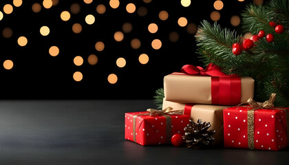 Festive gifts and evergreen branch on dark background with bokeh lights