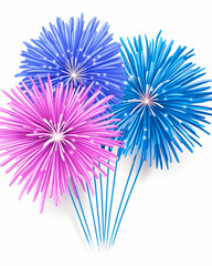 Naklejka premium Festive pink, blue, and purple fireworks bursts on white background