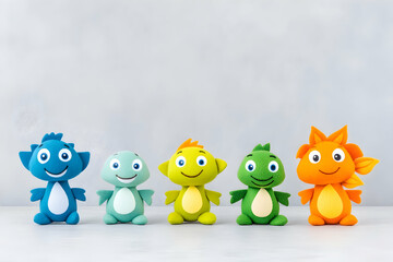 Fototapeta premium Five colorful, friendly clay creatures in a row