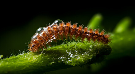 Naklejka premium Velvet Worm's Defense: Sticky Slime Tactics in a Close-Up Encounter on Green Stem