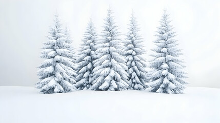 Five snow-laden evergreens stand in a pristine winter landscape