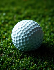 Fototapeta premium A pristine white golf ball rests on a lush green putting surface, macro, fun