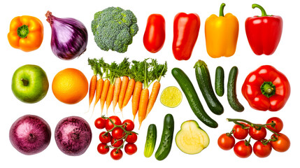 Assorted colorful vegetables and fruits on black background, cut out transparent