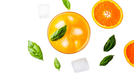 Orange cocktail with basil and ice cubes, refreshment, cut out transparent