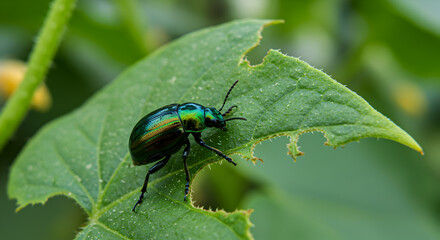 Naklejka premium Iridescent cucumber beetle feasting on a vibrant green leaf in a garden setting