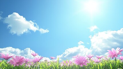 Pink flowers sunny field, blue sky, clouds, spring