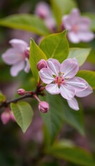 Obraz premium Delicate pink cherry blossom, single bloom against vibrant green leaf backdrop, Japanese, flower