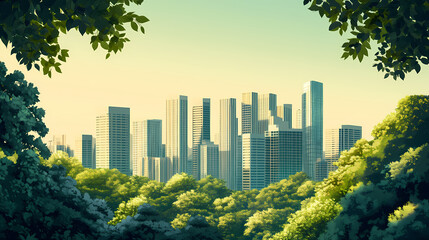 Fototapeta premium Recycling carbon climate transformation concept. a lush green forest contrasts with a modern city skyline, showcasing nature's beauty amid urban development. Lush Transformation. Illustration
