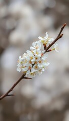 Delicate white blossoms cluster on a slender, bare branch against a blurred background, innocence, serenity