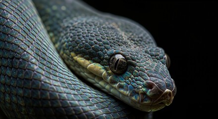 Fototapeta premium Elegant green snake showcasing intricate scales and gleaming eyes, exuding a serene yet captivating atmosphere, resting gracefully against a dark backdrop