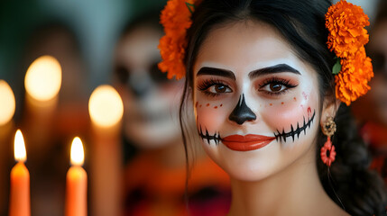 Fototapeta premium Young Woman with Sugar Skull Makeup and Marigold Flowers