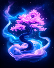 Glowing pink tree with blue mystical smoke
