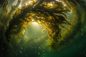 Giant Kelp Forest Underwater Rainforest Decline Depict swirling kelp forest bathed golden sunlight filtering above sea otter floating between towering frond while marine ecologist dive below