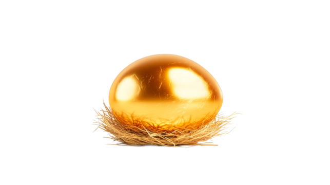 Golden egg in nest, wealth and prosperity concept, cut out transparent