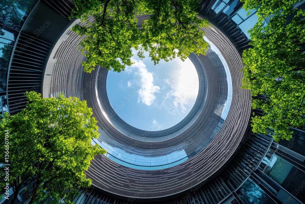 Poster a low angle view of modern building with circular open roof and green trees. show connection, modern
