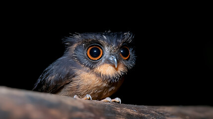 Small Owl with Bright Orange Eyes in Dark Night Setting