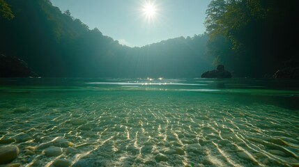Crystal clear riverbed, sunlit forest. Underwater view. Possible use Nature photography