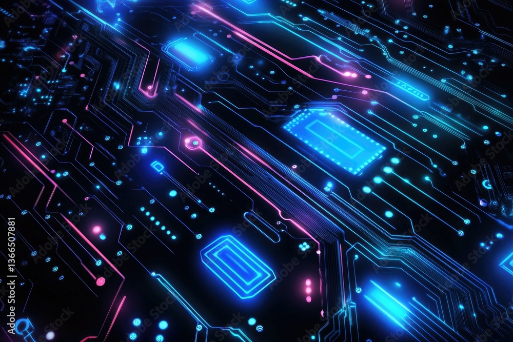 Poster circuit board with glowing electronic paths and components for technology design
