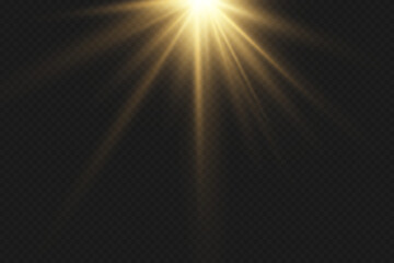 Golden flash of light, lens flare. On a transparent background.