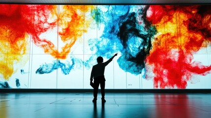 Silhouette of a person interacting with vibrant digital art on a large screen showcasing dynam