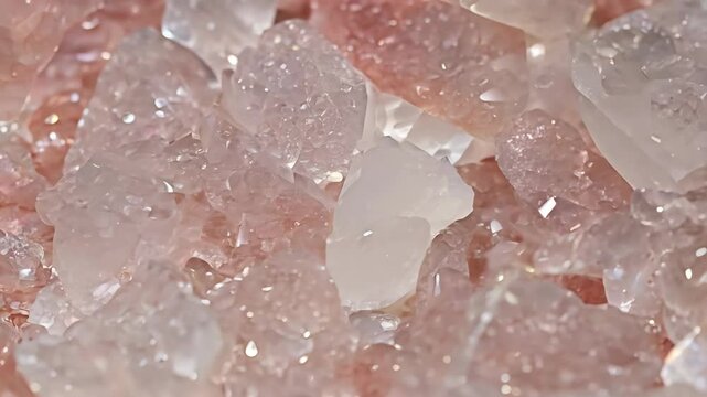 Close-up of pink and white Strawberry Quartz crystalline salt crystals with a sparkling texture.
